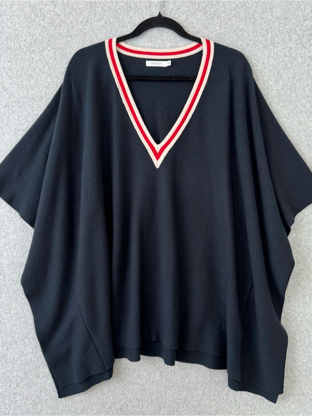 Mersea Poncho Anywear V Neck Oversized Pullover Sweater Navy Blue Red White OS